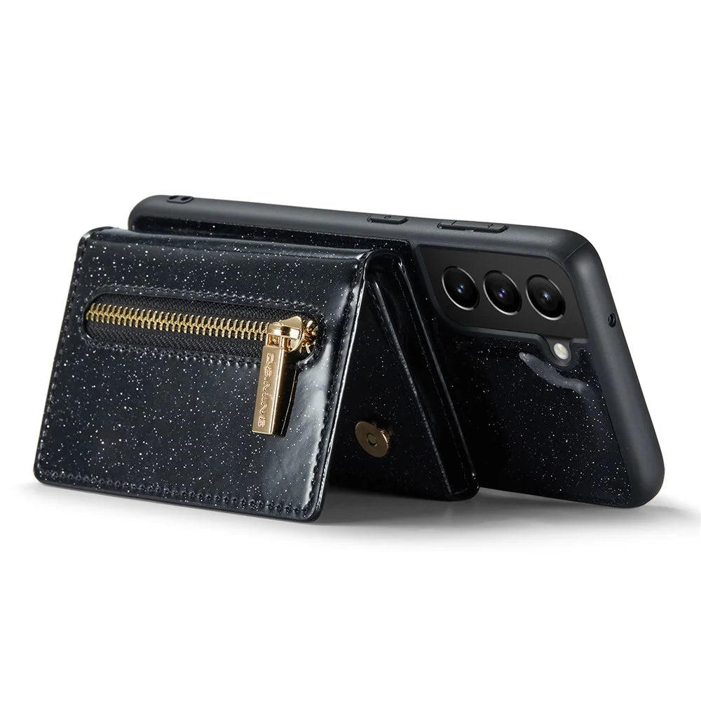 DG.MING M3 Series For Samsung Galaxy S21 FE 5G Magnetic Detachable Design Glitter Bling Powder PU Leather Cover PC+TPU Zipper Pocket Wallet Kickstand Phone Case - Black - 3