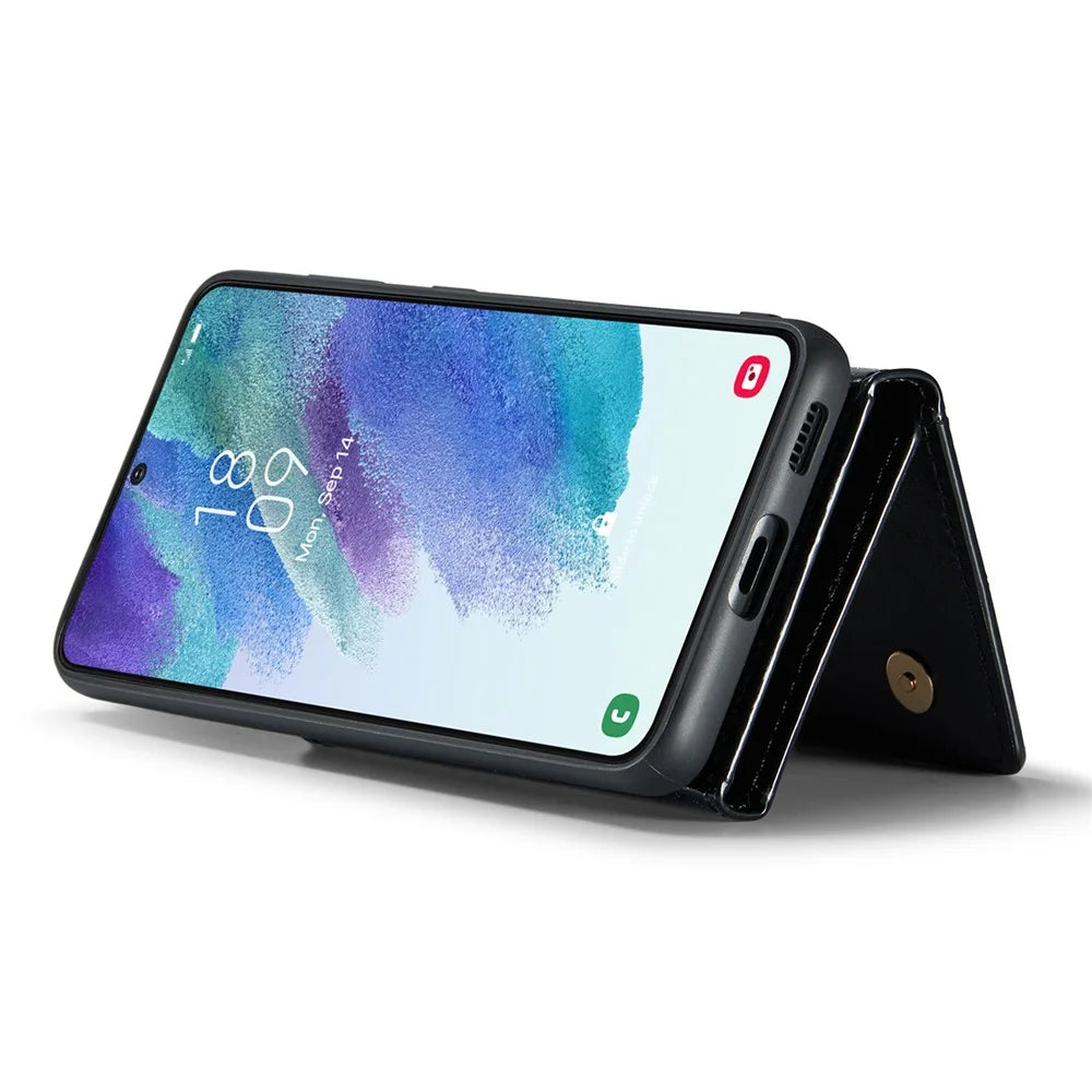 DG.MING M3 Series For Samsung Galaxy S21 FE 5G Magnetic Detachable Design Glitter Bling Powder PU Leather Cover PC+TPU Zipper Pocket Wallet Kickstand Phone Case - Black - 4