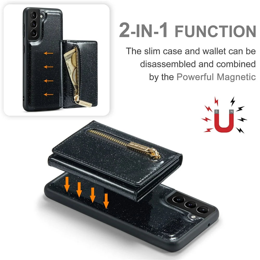 DG.MING M3 Series For Samsung Galaxy S21 FE 5G Magnetic Detachable Design Glitter Bling Powder PU Leather Cover PC+TPU Zipper Pocket Wallet Kickstand Phone Case - Black - 6
