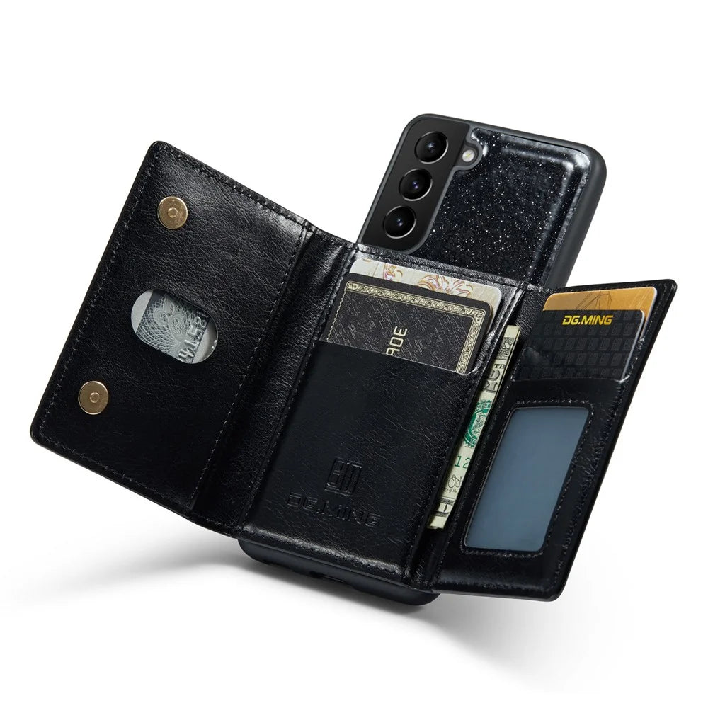 DG.MING M3 Series For Samsung Galaxy S23 Zipper Pocket Magnetic Detachable 2-in-1 Phone Cover Glitter PU Leather Coated Kickstand Wallet Drop-proof Phone Case - Black - 2