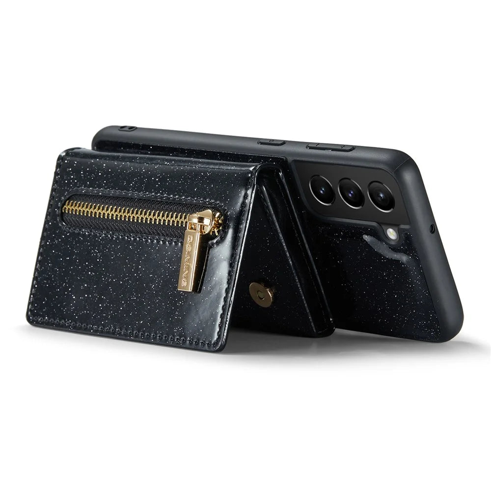 DG.MING M3 Series For Samsung Galaxy S23 Zipper Pocket Magnetic Detachable 2-in-1 Phone Cover Glitter PU Leather Coated Kickstand Wallet Drop-proof Phone Case - Black - 3