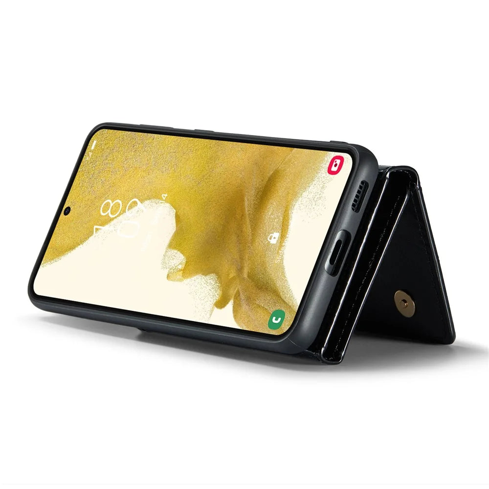 DG.MING M3 Series For Samsung Galaxy S23 Zipper Pocket Magnetic Detachable 2-in-1 Phone Cover Glitter PU Leather Coated Kickstand Wallet Drop-proof Phone Case - Black - 4