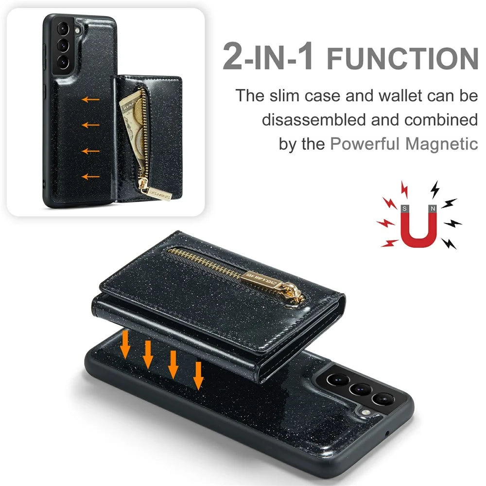 DG.MING M3 Series For Samsung Galaxy S23 Zipper Pocket Magnetic Detachable 2-in-1 Phone Cover Glitter PU Leather Coated Kickstand Wallet Drop-proof Phone Case - Black - 6