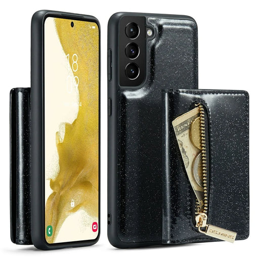 DG.MING M3 Series For Samsung Galaxy S22 5G Glittery PU Leather Coated PC+TPU Wallet Case Magnetic Detachable Kickstand Zipper Pocket Phone Cover - Black - 1