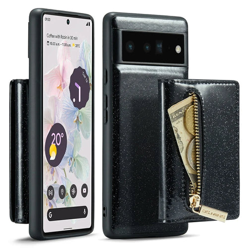 DG.MING M3 Series For Google Pixel 6 Pro 5G Glitter Bling PU Leather Detachable Cover PC+TPU Kickstand Zipper Pocket Wallet Phone Case - Black - 1