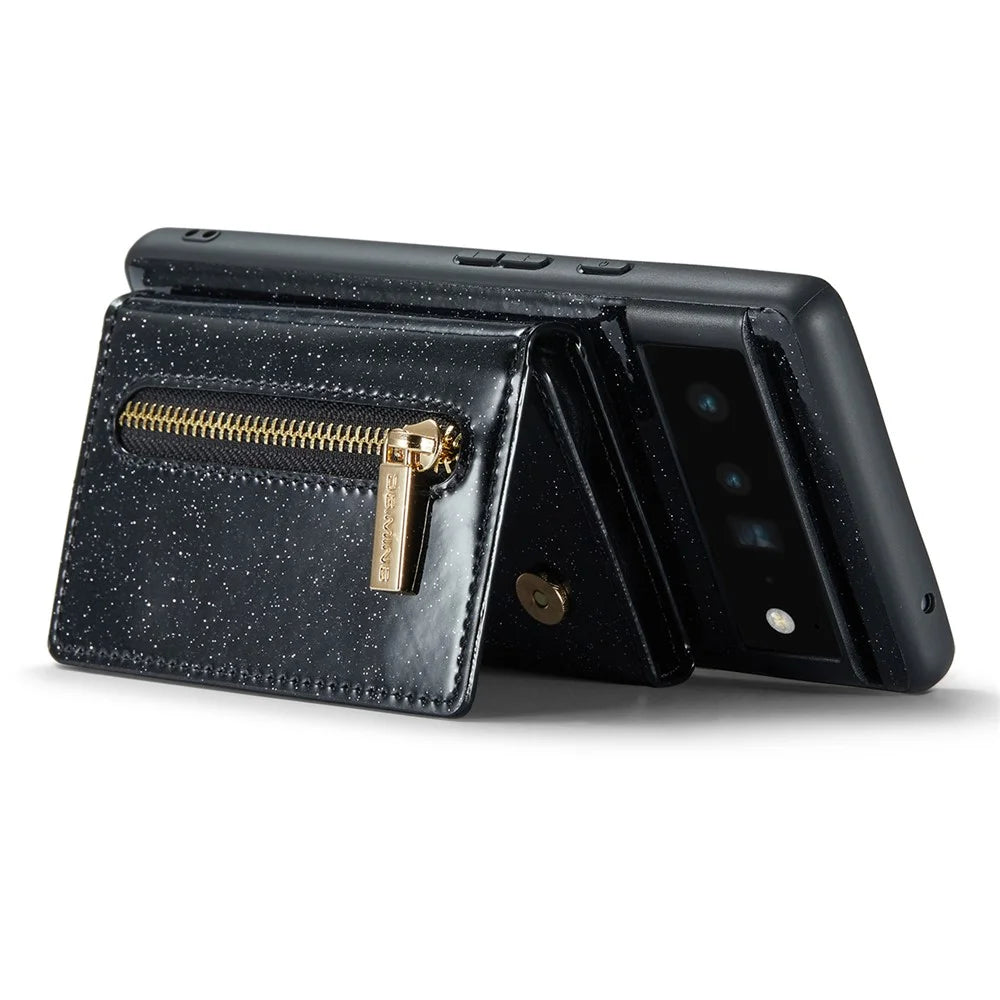 DG.MING M3 Series For Google Pixel 6 Pro 5G Glitter Bling PU Leather Detachable Cover PC+TPU Kickstand Zipper Pocket Wallet Phone Case - Black - 3