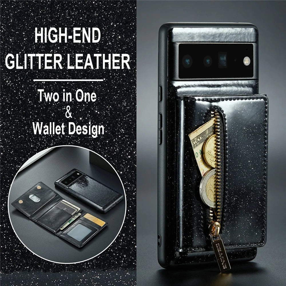 DG.MING M3 Series For Google Pixel 6 Pro 5G Glitter Bling PU Leather Detachable Cover PC+TPU Kickstand Zipper Pocket Wallet Phone Case - Black - 5