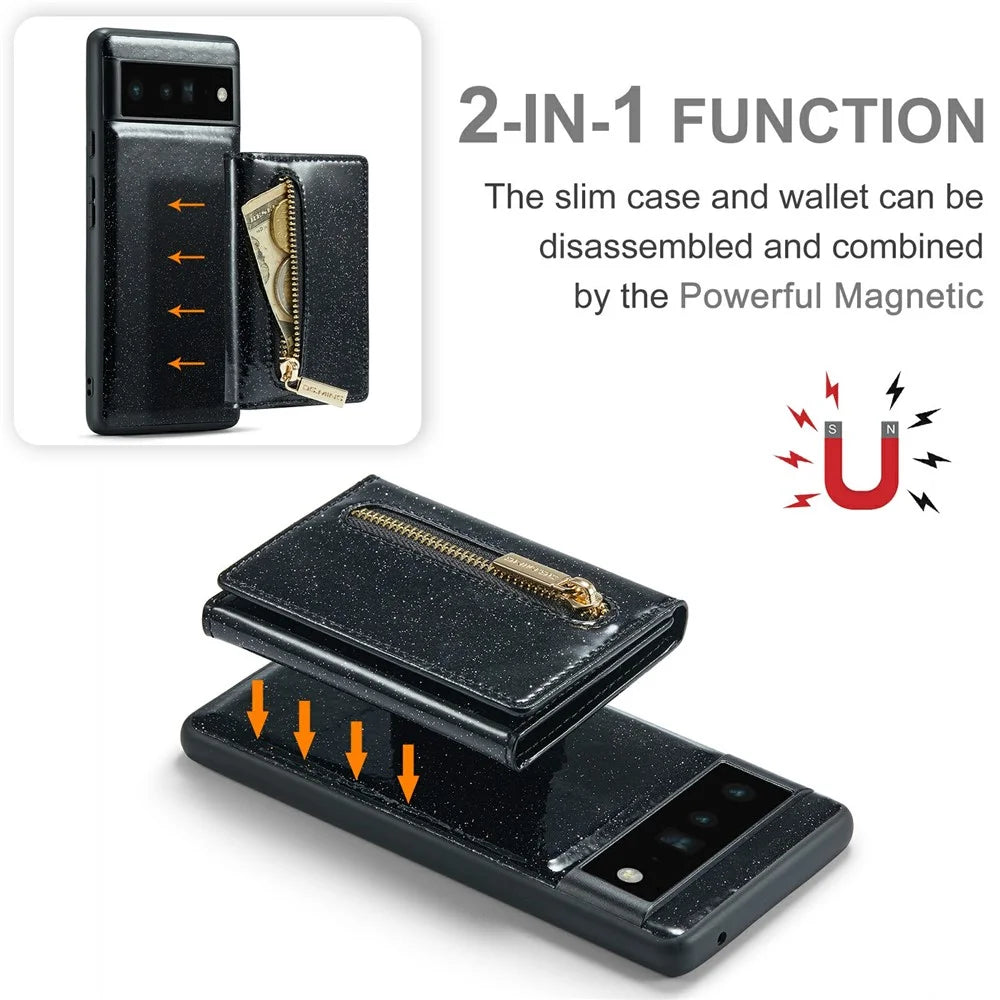 DG.MING M3 Series For Google Pixel 6 Pro 5G Glitter Bling PU Leather Detachable Cover PC+TPU Kickstand Zipper Pocket Wallet Phone Case - Black - 6