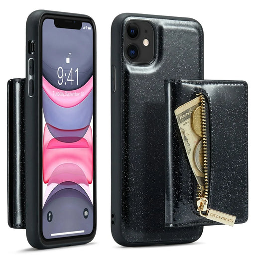DG.MING M3 Series For iPhone 11 6.1 inch Zipper Pocket Magnetic Detachable 2-in-1 Phone Cover Glitter PU Leather Coated PC+TPU Kickstand Wallet Case - Black - 1