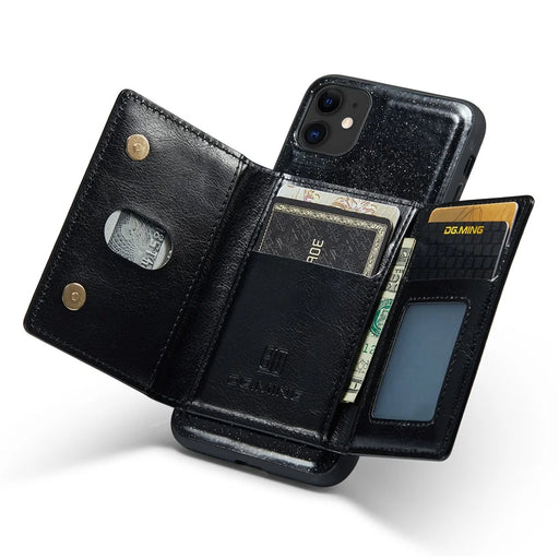 DG.MING M3 Series For iPhone 11 6.1 inch Zipper Pocket Magnetic Detachable 2-in-1 Phone Cover Glitter PU Leather Coated PC+TPU Kickstand Wallet Case - Black - 2