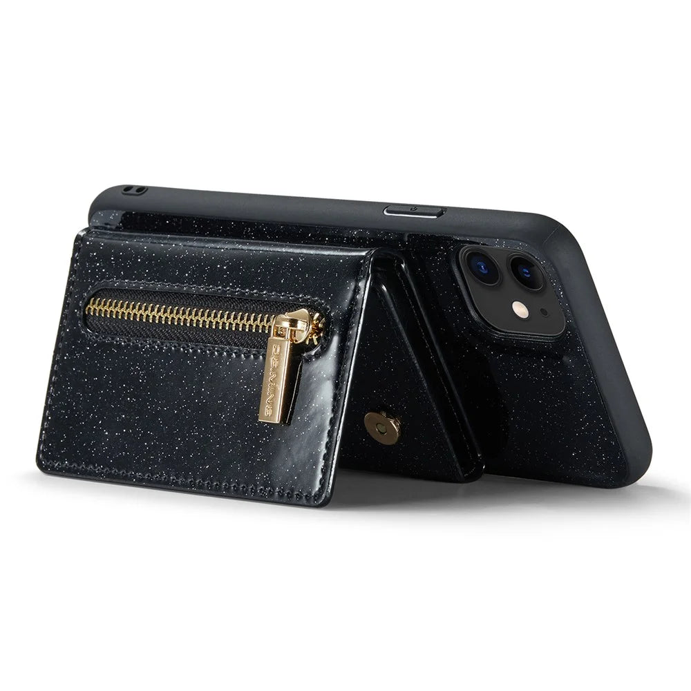 DG.MING M3 Series For iPhone 11 6.1 inch Zipper Pocket Magnetic Detachable 2-in-1 Phone Cover Glitter PU Leather Coated PC+TPU Kickstand Wallet Case - Black - 3