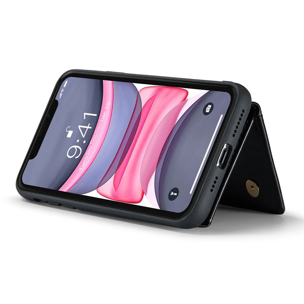 DG.MING M3 Series For iPhone 11 6.1 inch Zipper Pocket Magnetic Detachable 2-in-1 Phone Cover Glitter PU Leather Coated PC+TPU Kickstand Wallet Case - Black - 4