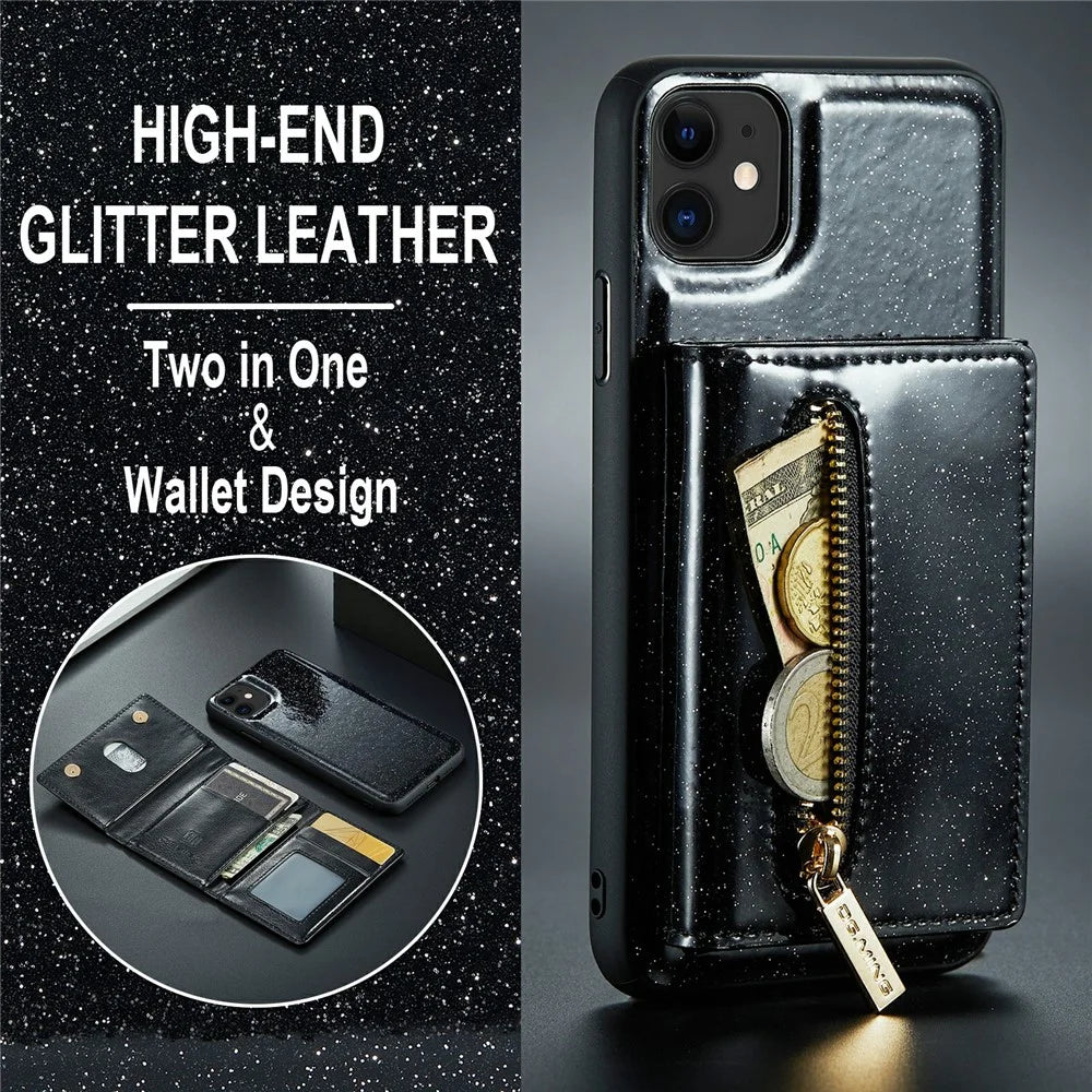 DG.MING M3 Series For iPhone 11 6.1 inch Zipper Pocket Magnetic Detachable 2-in-1 Phone Cover Glitter PU Leather Coated PC+TPU Kickstand Wallet Case - Black - 5