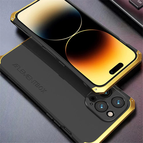 ELEMENT BOX For iPhone 14 Pro Metal Frame 3-Piece Design Phone Case Anti-drop Hard PC Back Cover Protector - Black  /  Gold - 1