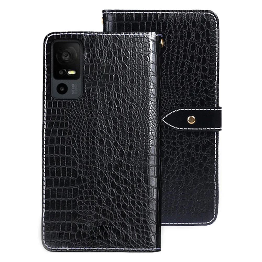 IDEWEI For TCL 40R 5G Crocodile Texture PU Leather Stand Anti-scratch Phone Flip Wallet Case Magnetic Clasp Phone Cover - Black - 1