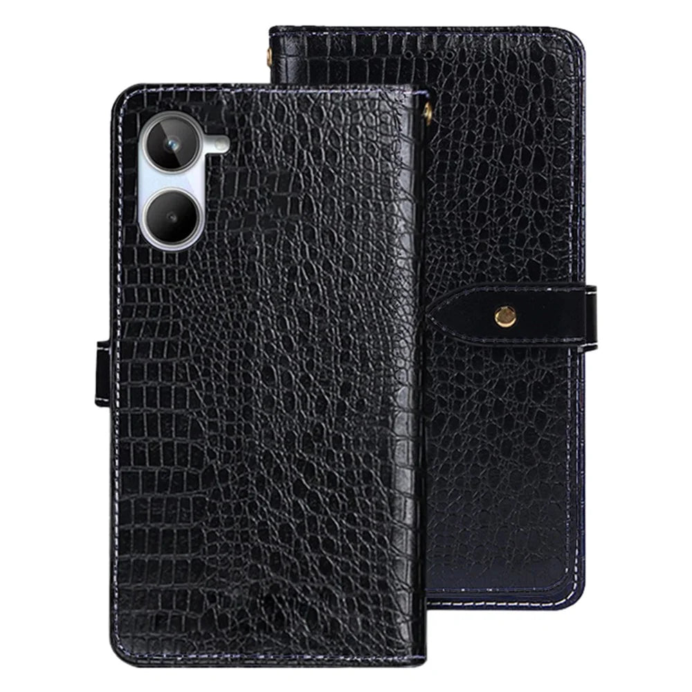IDEWEI For Realme 10 4G Crocodile Texture Flip Wallet Case PU Leather Stand Book Style Magnetic Phone Cover - Black - 1