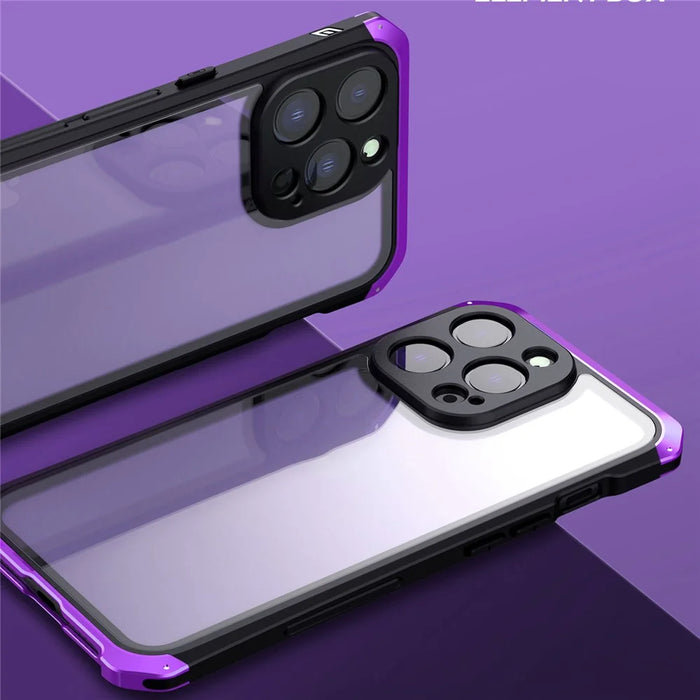 ELEMENT BOX For iPhone 14 Pro Max Metal Frame 3-Piece Design Hybrid Cell Phone Case Tempered Glass Panel Droproof Mobile Cover - Black Purple - 2