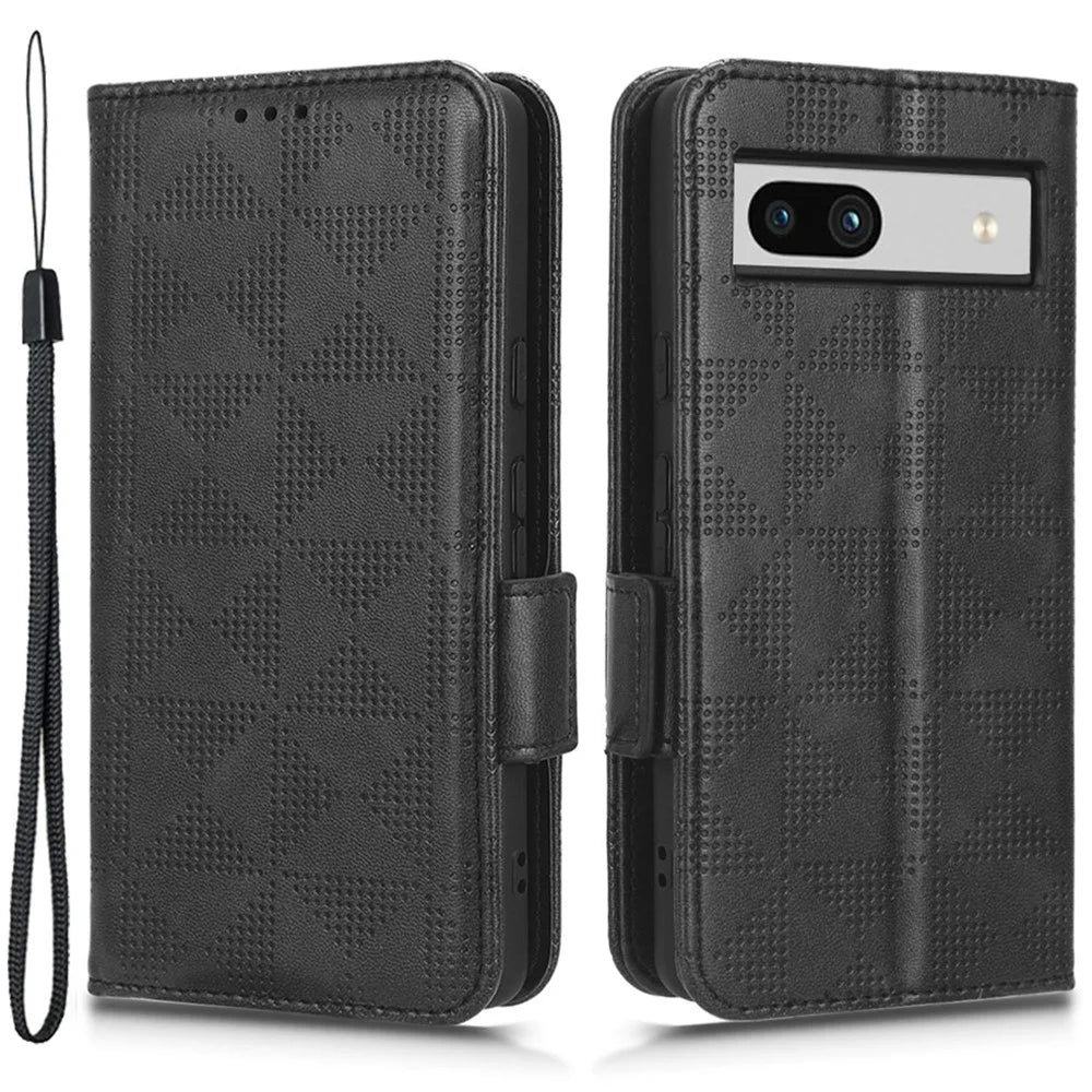 For Google Pixel 7a Imprinted Triangle Pattern Phone Cover Stand Wallet PU Leather Magnetic Clasp Case - Black - 1