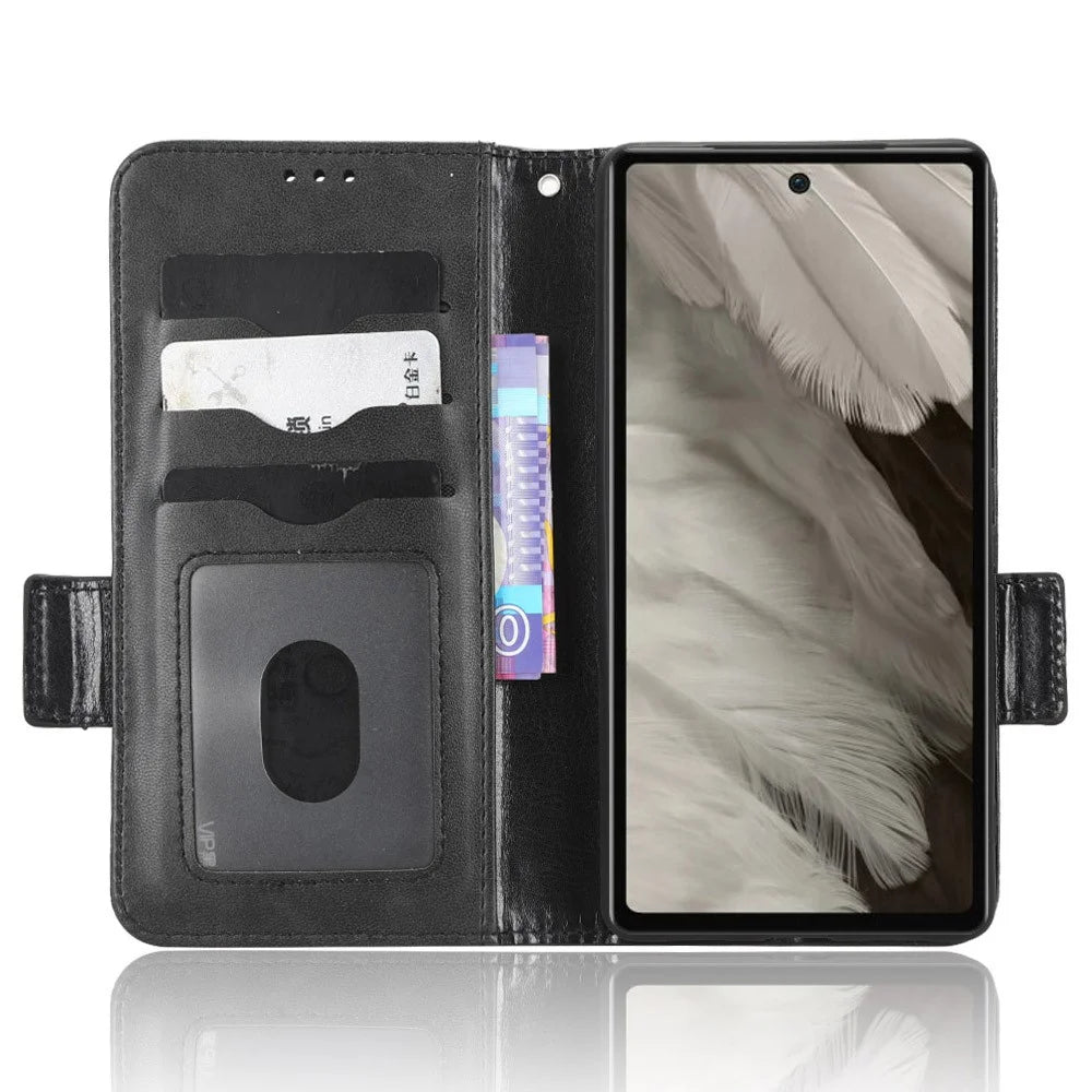 For Google Pixel 7a Imprinted Triangle Pattern Phone Cover Stand Wallet PU Leather Magnetic Clasp Case - Black - 2
