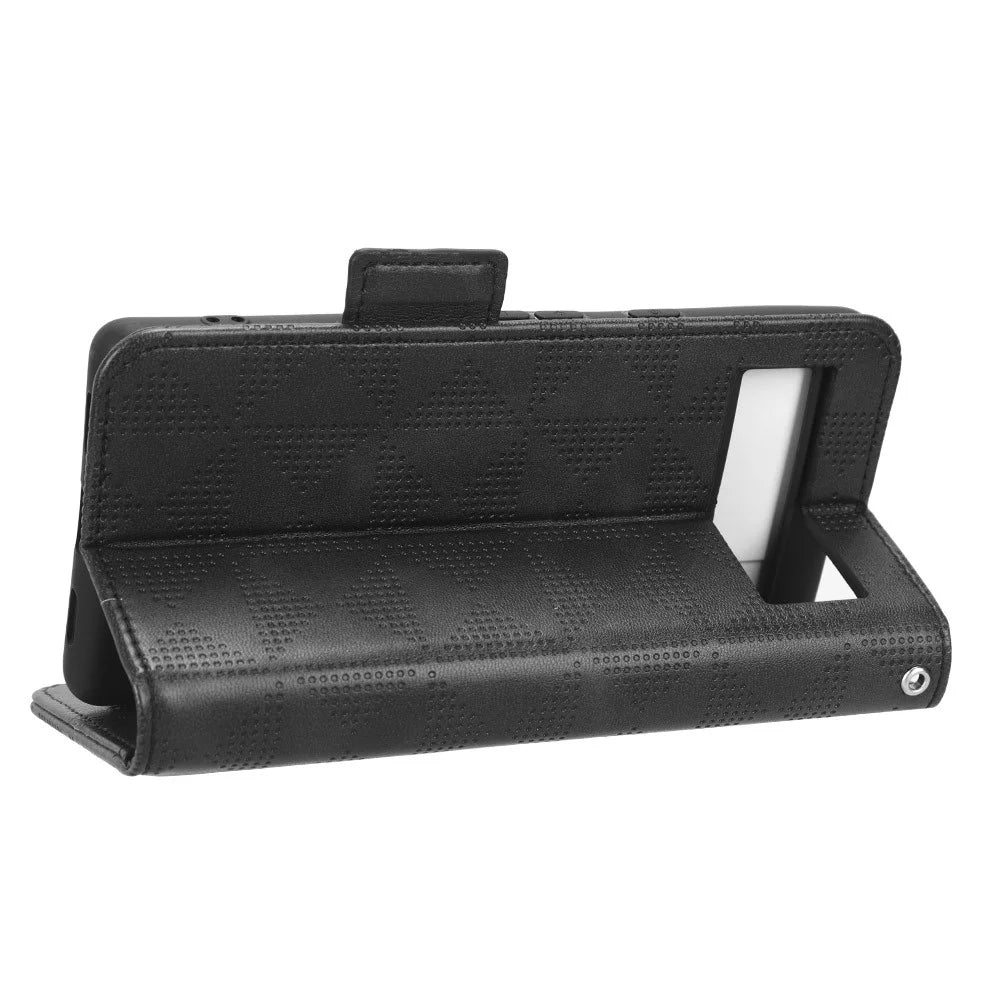 For Google Pixel 7a Imprinted Triangle Pattern Phone Cover Stand Wallet PU Leather Magnetic Clasp Case - Black - 3