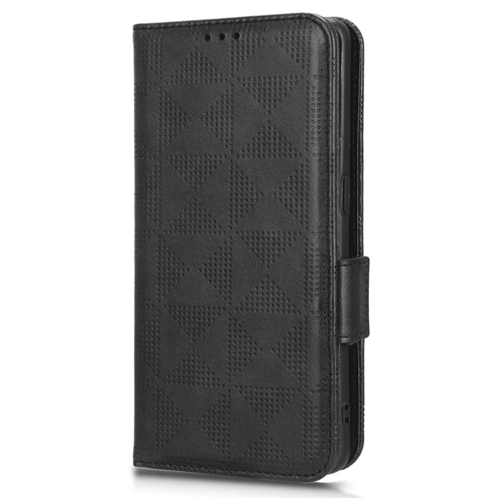 For Google Pixel 7a Imprinted Triangle Pattern Phone Cover Stand Wallet PU Leather Magnetic Clasp Case - Black - 5