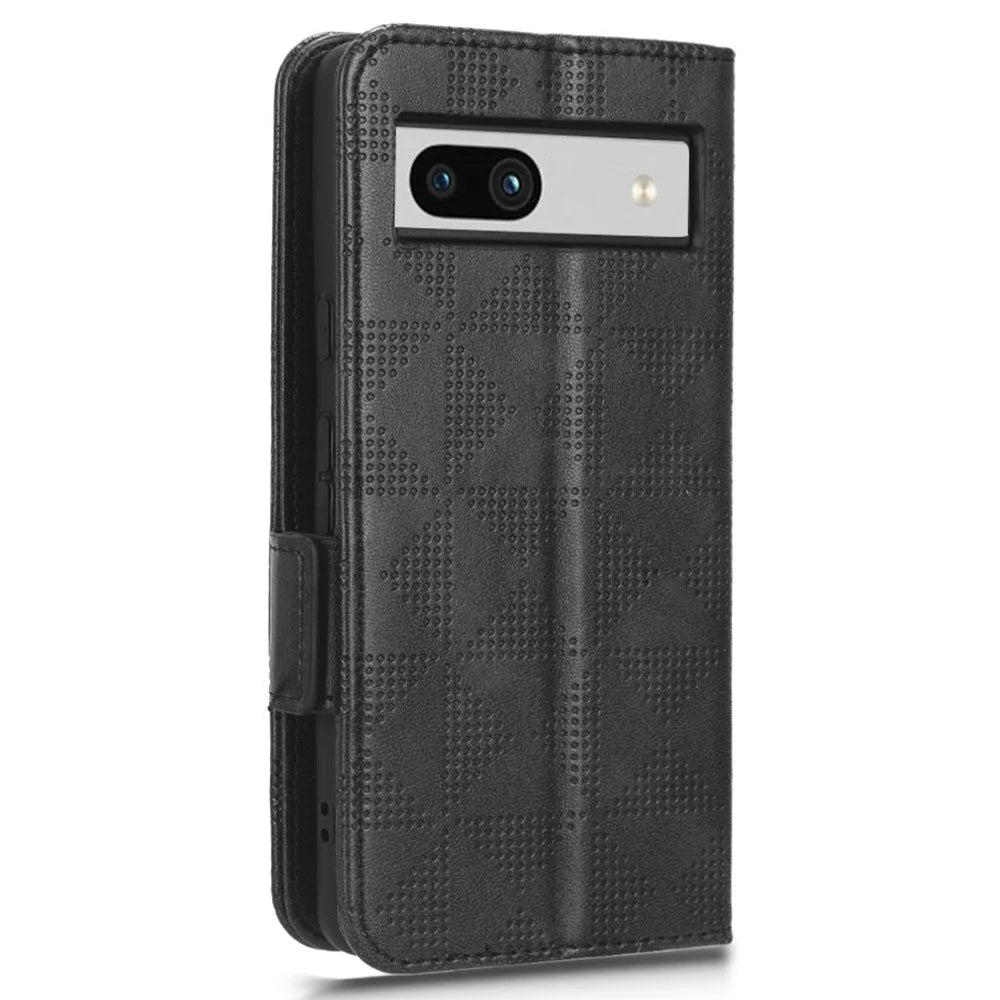For Google Pixel 7a Imprinted Triangle Pattern Phone Cover Stand Wallet PU Leather Magnetic Clasp Case - Black - 6