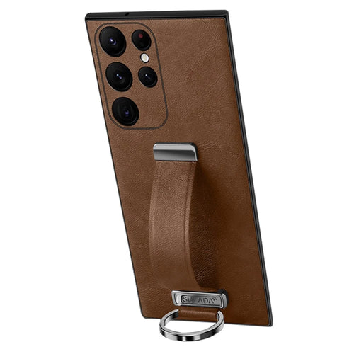 SULADA Fashion Series for Samsung Galaxy S23 Ultra Crazy Horse Texture Phone Case Leather Coated PC + TPU Cover with Retractable Wristband Kickstand - Brown - 1