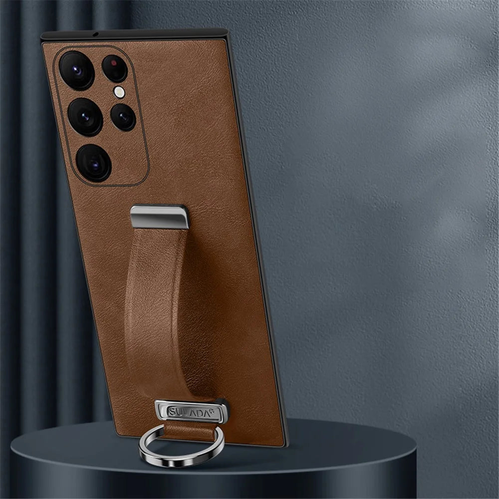 SULADA Fashion Series for Samsung Galaxy S23 Ultra Crazy Horse Texture Phone Case Leather Coated PC + TPU Cover with Retractable Wristband Kickstand - Brown - 2