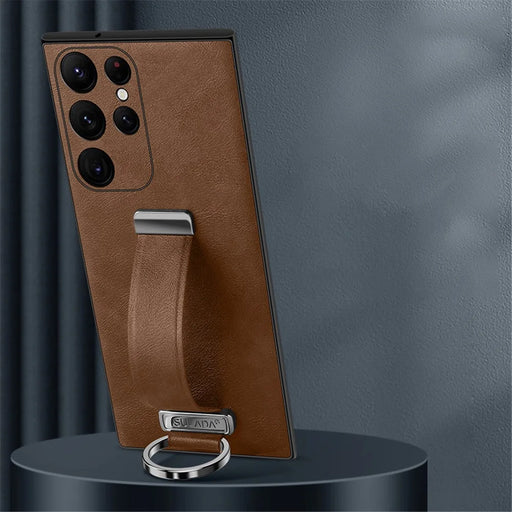 SULADA Fashion Series for Samsung Galaxy S23 Ultra Crazy Horse Texture Phone Case Leather Coated PC + TPU Cover with Retractable Wristband Kickstand - Brown - 2