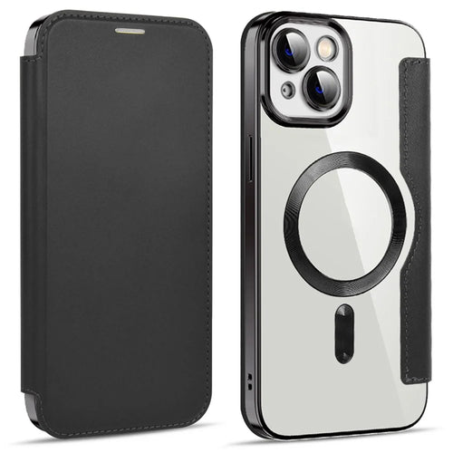For iPhone 14 Compatible with MagSafe RFID Blocking Card Slots PU Leather+TPU Electroplating Clear Back Flip Case with Lens Film - Black - 1