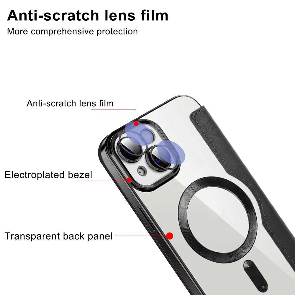 For iPhone 14 Compatible with MagSafe RFID Blocking Card Slots PU Leather+TPU Electroplating Clear Back Flip Case with Lens Film - Black - 4