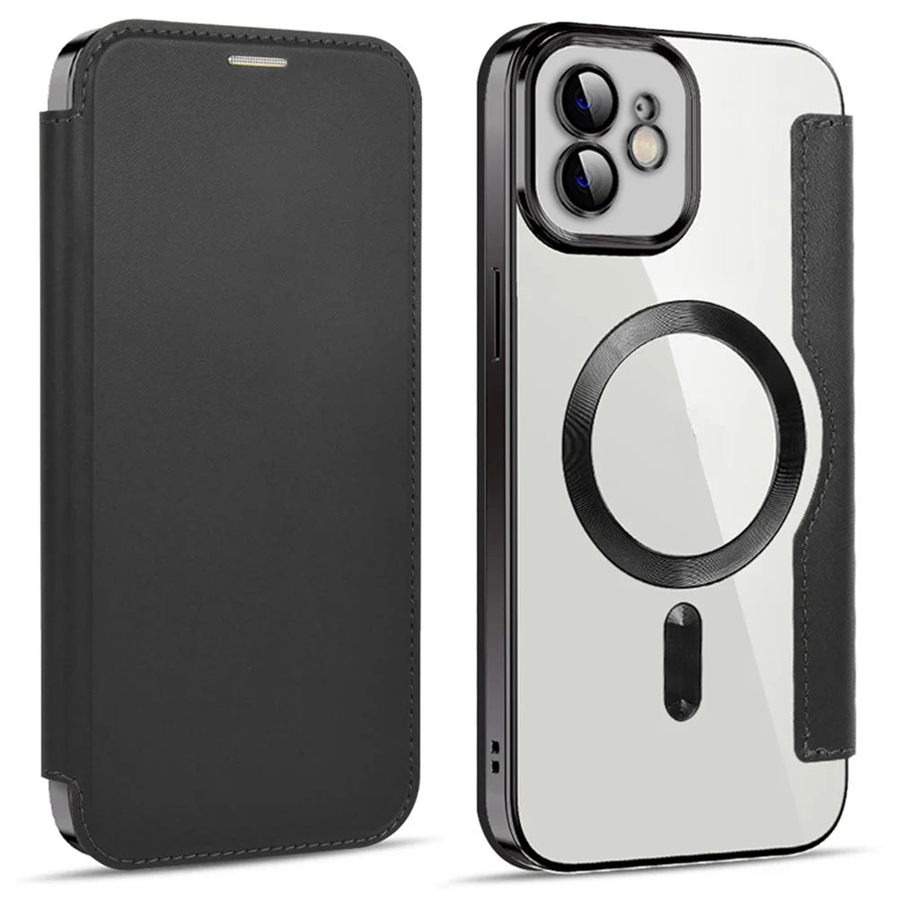 For iPhone 11 6.1 inch Compatible with MagSafe RFID Blocking Card Slots Anti-drop PU Leather+TPU Electroplating Clear Back Flip Case with Lens Film - Black - 1