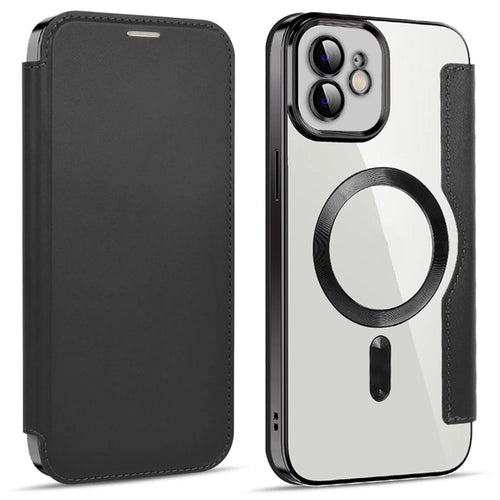 For iPhone 11 6.1 inch Compatible with MagSafe RFID Blocking Card Slots Anti-drop PU Leather+TPU Electroplating Clear Back Flip Case with Lens Film - Black - 1