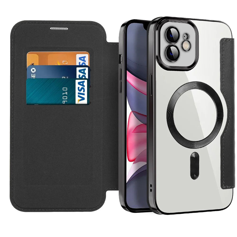 For iPhone 11 6.1 inch Compatible with MagSafe RFID Blocking Card Slots Anti-drop PU Leather+TPU Electroplating Clear Back Flip Case with Lens Film - Black - 2