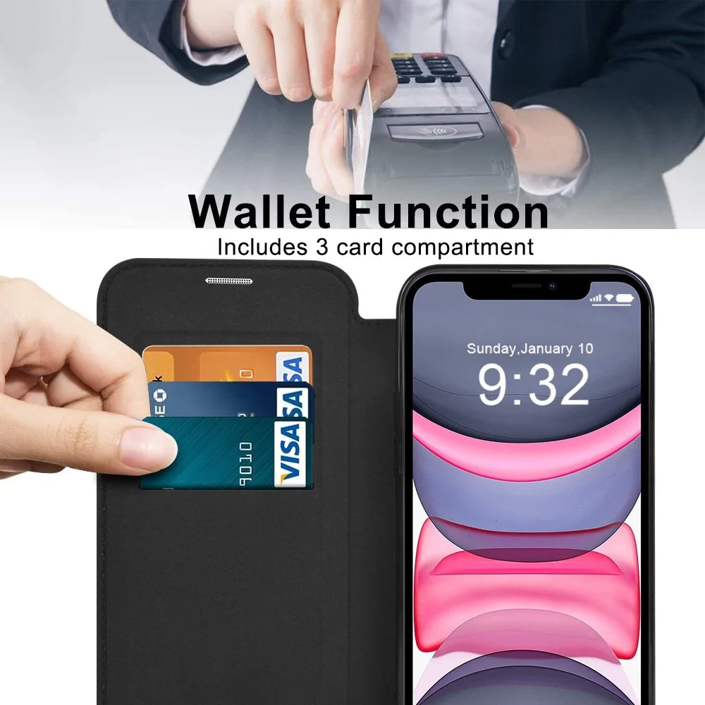 For iPhone 11 6.1 inch Compatible with MagSafe RFID Blocking Card Slots Anti-drop PU Leather+TPU Electroplating Clear Back Flip Case with Lens Film - Black - 4