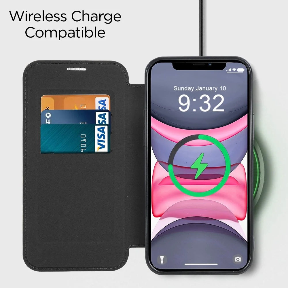 For iPhone 11 6.1 inch Compatible with MagSafe RFID Blocking Card Slots Anti-drop PU Leather+TPU Electroplating Clear Back Flip Case with Lens Film - Black - 5