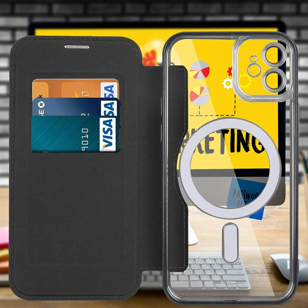 For iPhone 11 6.1 inch Compatible with MagSafe RFID Blocking Card Slots Anti-drop PU Leather+TPU Electroplating Clear Back Flip Case with Lens Film - Black - 7