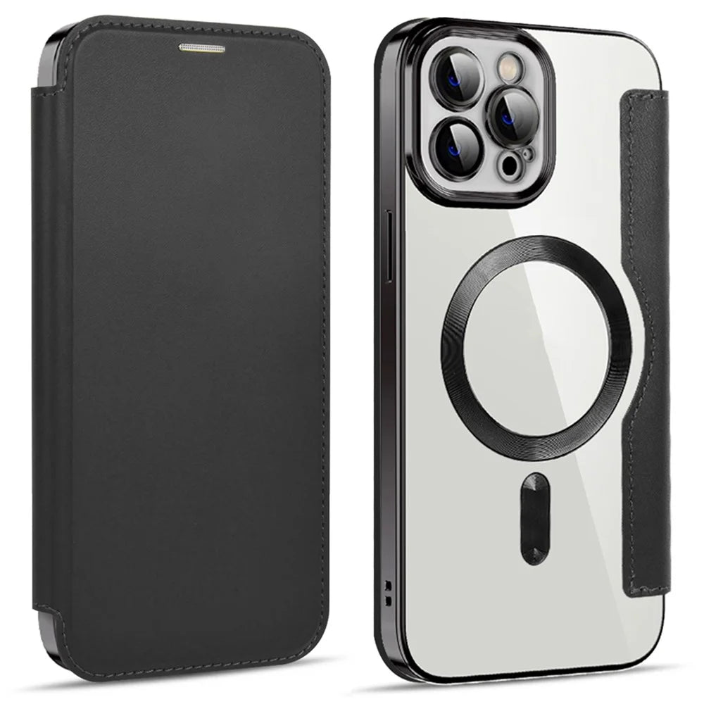 For iPhone 11 Pro Max 6.5 inch Compatible with MagSafe RFID Blocking Card Slots Shockproof PU Leather+TPU Electroplating Clear Back Flip Case with Lens Film - Black - 1