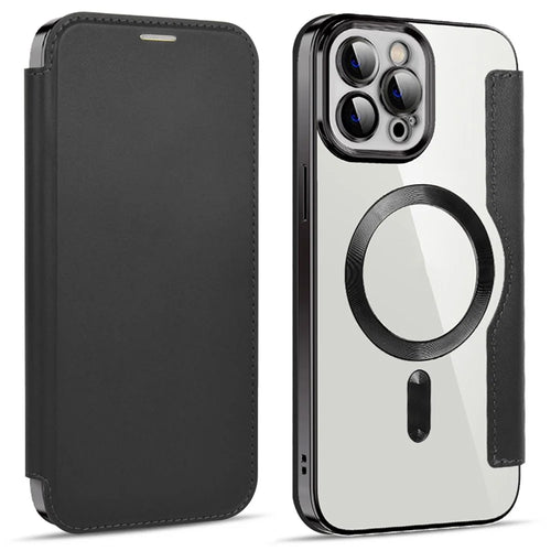 For iPhone 11 Pro Max 6.5 inch Compatible with MagSafe RFID Blocking Card Slots Shockproof PU Leather+TPU Electroplating Clear Back Flip Case with Lens Film - Black - 1