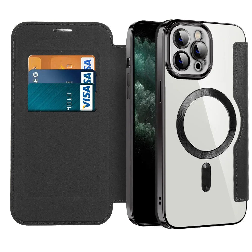 For iPhone 11 Pro Max 6.5 inch Compatible with MagSafe RFID Blocking Card Slots Shockproof PU Leather+TPU Electroplating Clear Back Flip Case with Lens Film - Black - 2