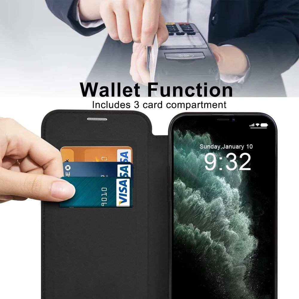 For iPhone 11 Pro Max 6.5 inch Compatible with MagSafe RFID Blocking Card Slots Shockproof PU Leather+TPU Electroplating Clear Back Flip Case with Lens Film - Black - 4