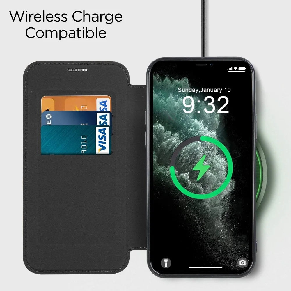 For iPhone 11 Pro Max 6.5 inch Compatible with MagSafe RFID Blocking Card Slots Shockproof PU Leather+TPU Electroplating Clear Back Flip Case with Lens Film - Black - 5