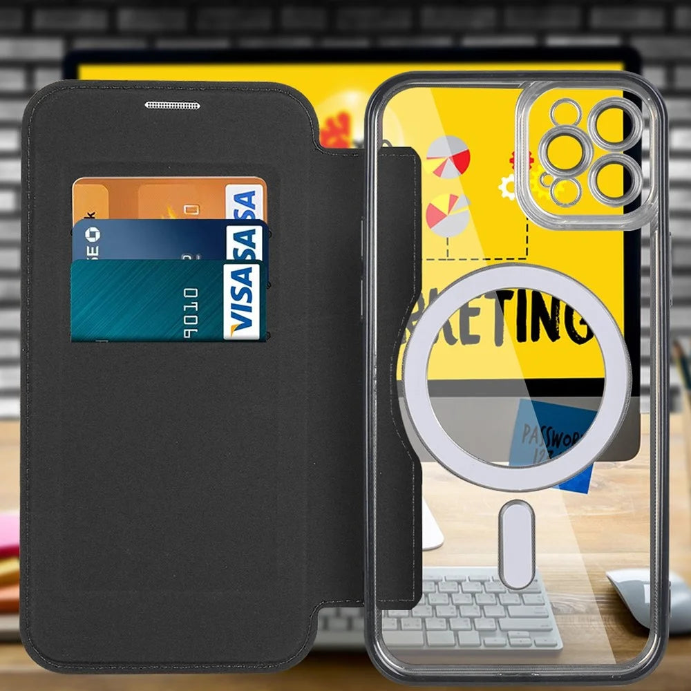 For iPhone 11 Pro Max 6.5 inch Compatible with MagSafe RFID Blocking Card Slots Shockproof PU Leather+TPU Electroplating Clear Back Flip Case with Lens Film - Black - 7