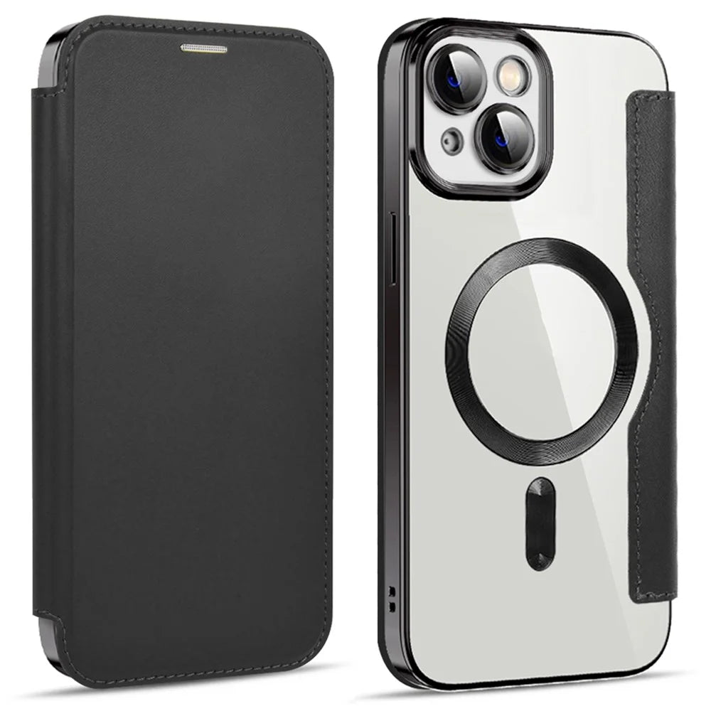 For iPhone 14 Plus Compatible with MagSafe RFID Blocking Card Slots Scratch Proof PU Leather+TPU Electroplating Clear Back Flip Case with Lens Film - Black - 1