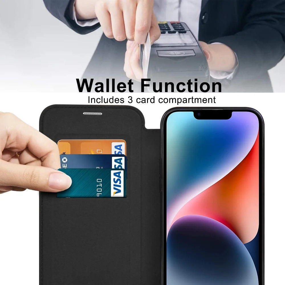 For iPhone 14 Plus Compatible with MagSafe RFID Blocking Card Slots Scratch Proof PU Leather+TPU Electroplating Clear Back Flip Case with Lens Film - Black - 5