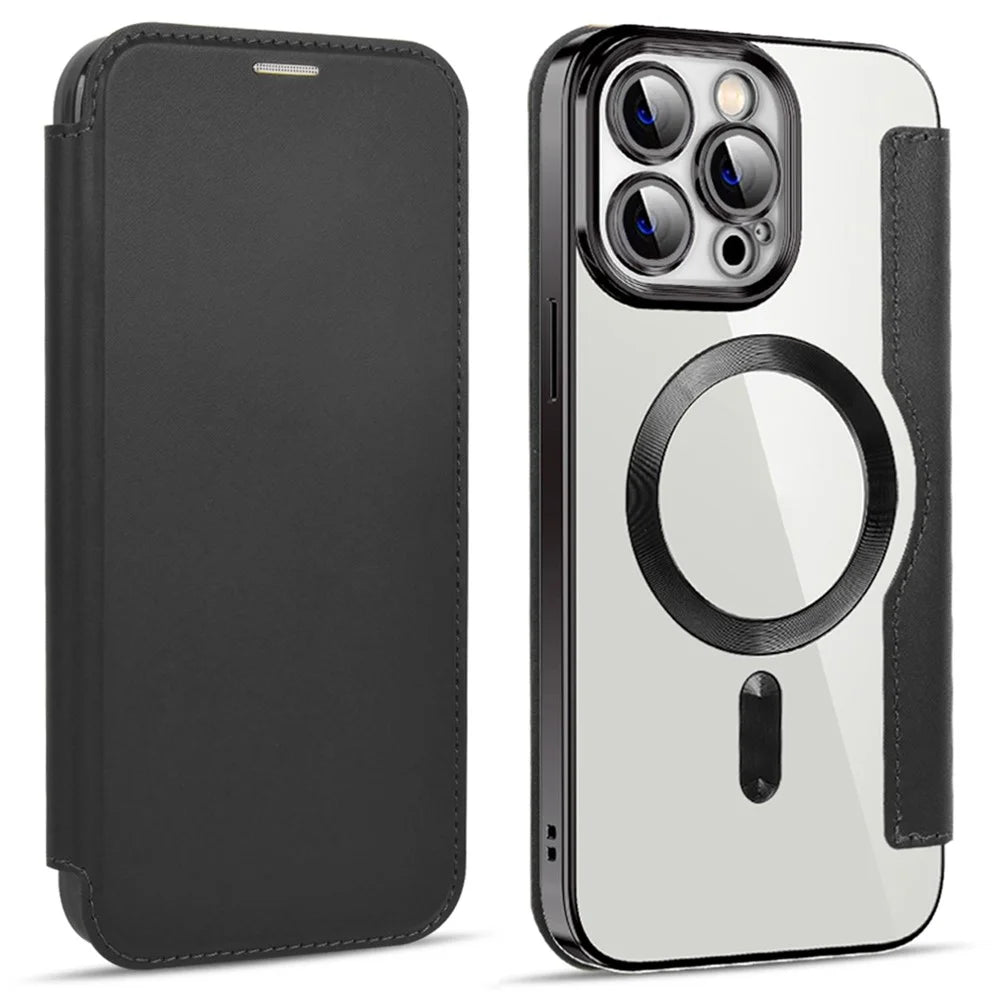 Phone Cover for iPhone 14 Pro Max, Compatible with MagSafe RFID Blocking Card Slots PU Leather+TPU Electroplating Clear Back Flip Case with Lens Film - Black - 1