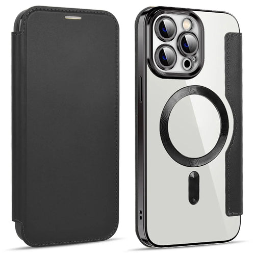 Phone Cover for iPhone 14 Pro Max, Compatible with MagSafe RFID Blocking Card Slots PU Leather+TPU Electroplating Clear Back Flip Case with Lens Film - Black - 1