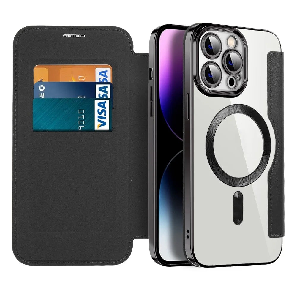 Phone Cover for iPhone 14 Pro Max, Compatible with MagSafe RFID Blocking Card Slots PU Leather+TPU Electroplating Clear Back Flip Case with Lens Film - Black - 2