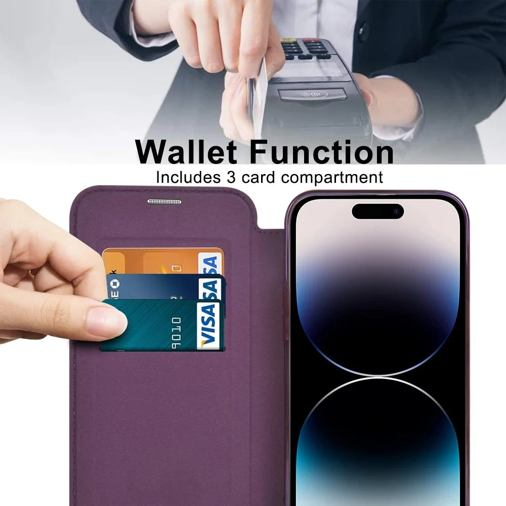 Phone Cover for iPhone 14 Pro Max, Compatible with MagSafe RFID Blocking Card Slots PU Leather+TPU Electroplating Clear Back Flip Case with Lens Film - Black - 6