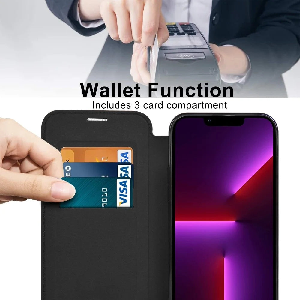 For iPhone 13 Pro 6.1 inch Compatible with MagSafe RFID Blocking Card Slots Shock-absorbing PU Leather+TPU Electroplating Clear Back Flip Case with Lens Film - Black - 3
